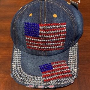 American Flag Hat, Denim, adjustable size, bling